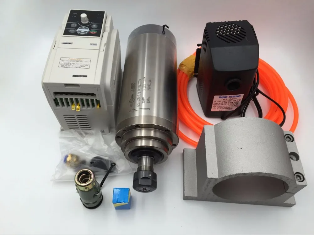 

3KW ER20 Spindle Motor Kit 24000rpm Water-cooled 220V+3.7KW VFD Inverter+Bracket+Pump/pipe for CNC Router Engraving Machine