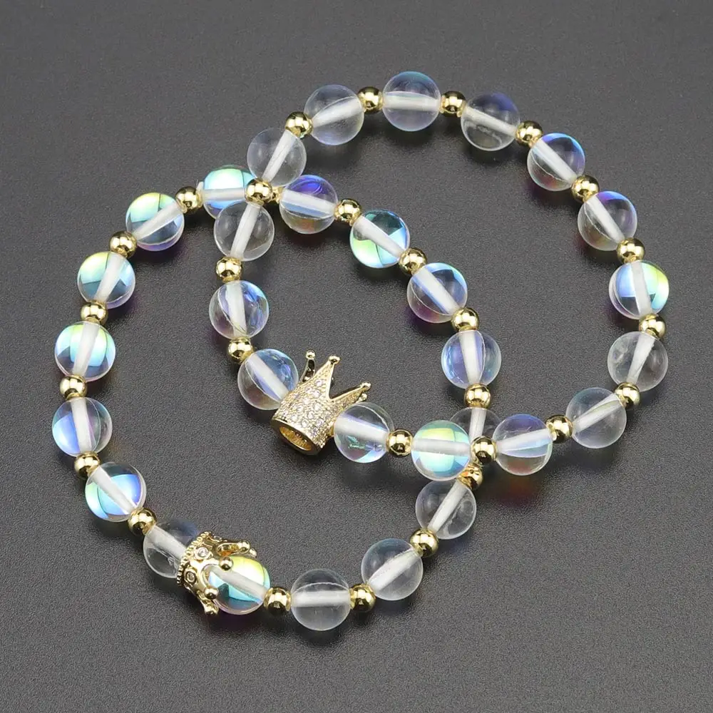 King Queen CZ crown women bracelets stone beads White Crystal Moonstone Bracelets &amp Bangle for jewelry accessories | Украшения и