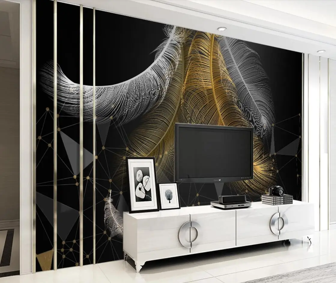Европейская Геометрическая настенная бумага с темными перьями на черном фоне