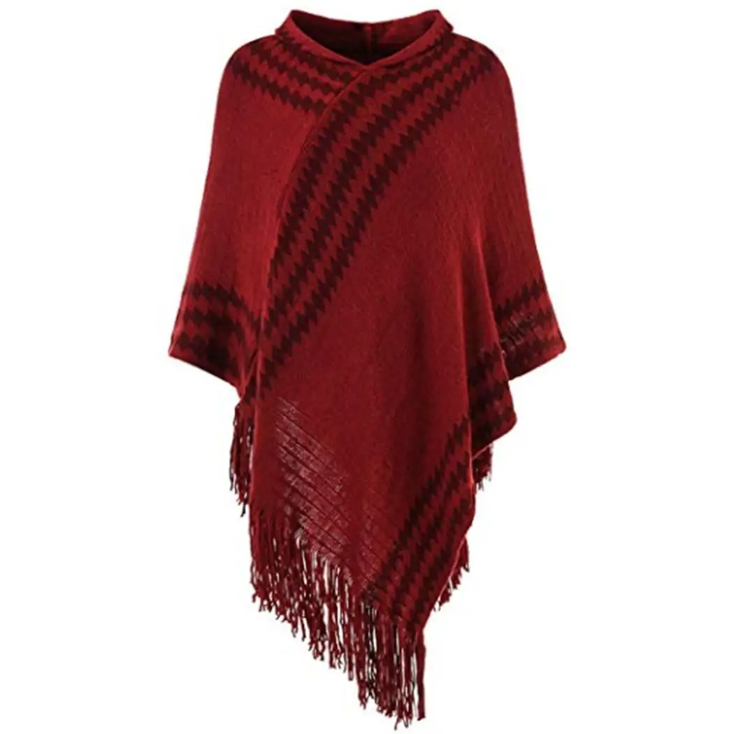 Women Casual Hooded Geometric Tassel Knit Cape Scarf | Аксессуары для одежды