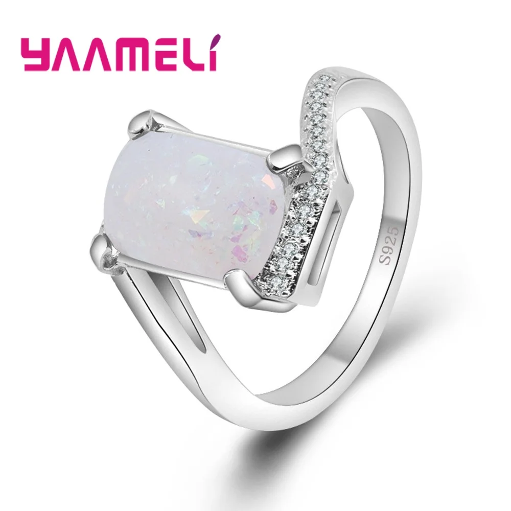 

925 Sterling Silver Women Wedding Band Rings Filled Big Luxury Rectangle Opal Stones and CZ Crystal Female Engagement