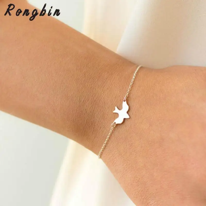 Женский браслет цепочка с голубями золотистого и серебристого цвета|charm jewelry|women
