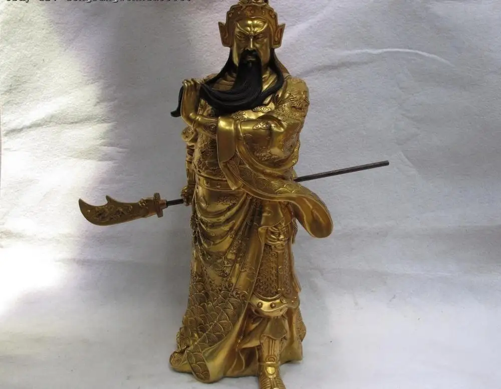 Китай Фиолетовый Бронзовый 24K золотой Guan Gong Yu воин держать дракона меч статуя |