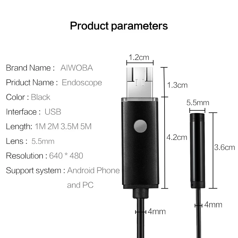 Aiwoba 5.5 мм объектив Waterpro USB эндоскопа Камера 5 м кабель бороскоп Гибкая Змея