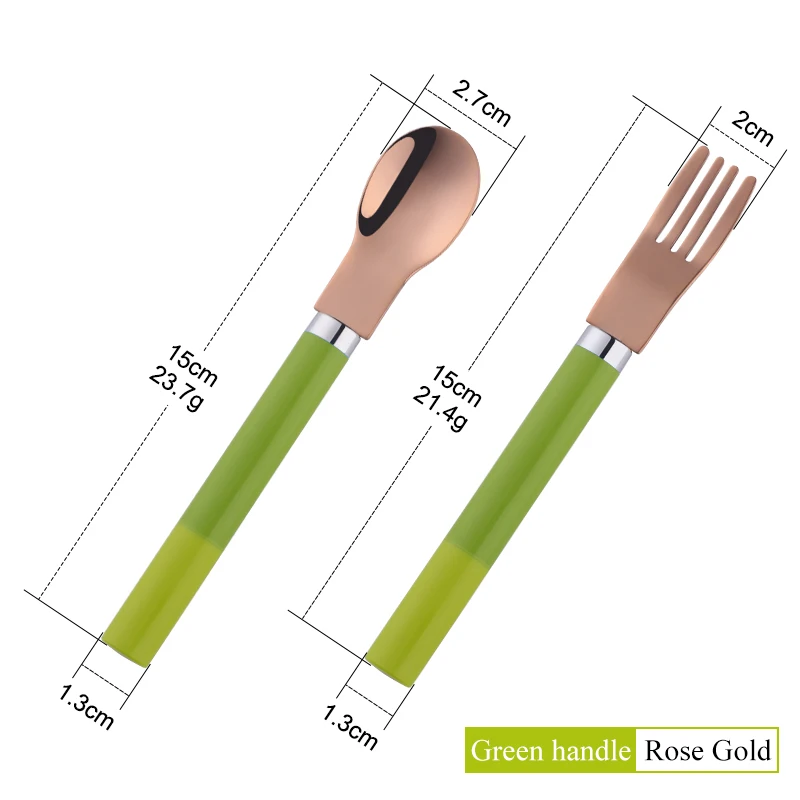 Green-rose gold 1set Детский набор ложек и вилок 2 шт. детская посуда креативные портативные серебряные столовые приборы PP ложки с ручкой набор вилок Детские Обучающие инструменты - Цвет: Green-rose gold 1set