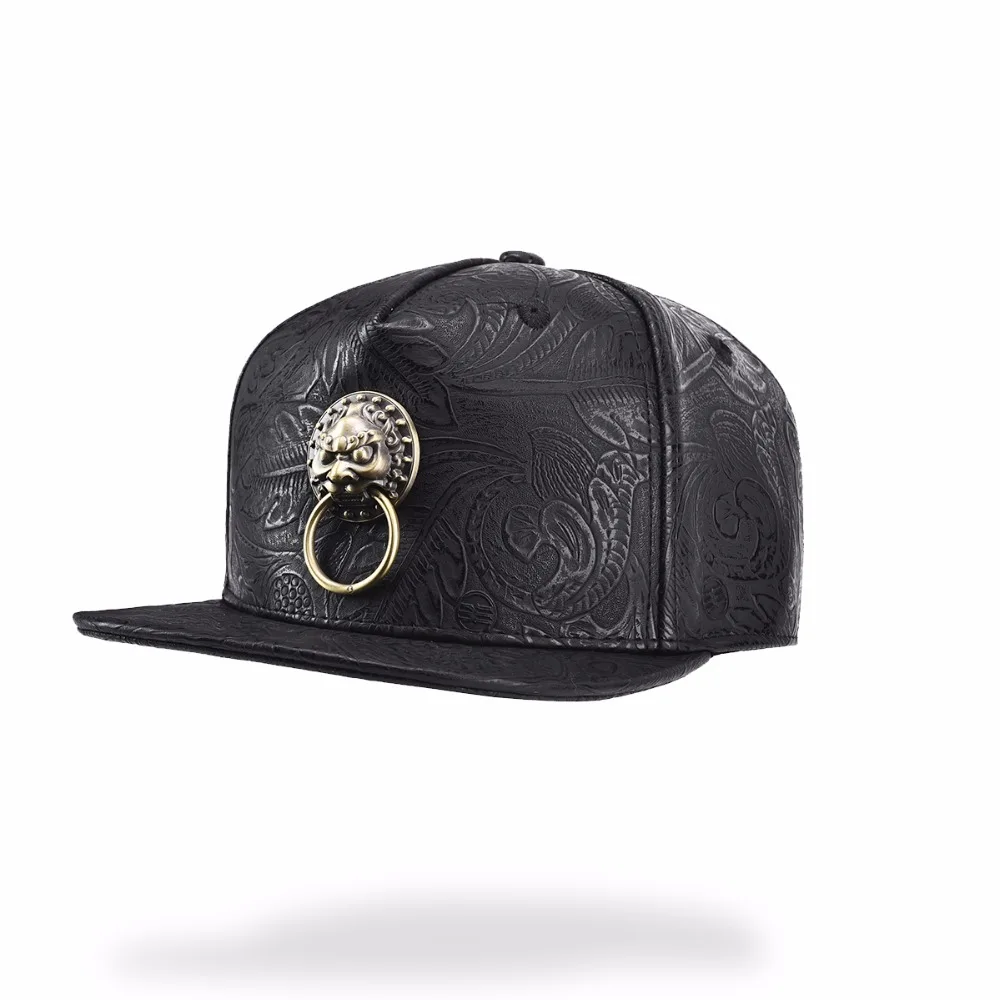 

Leather Men Black Adult Baseball Caps Vintage Lion Head Dad Hat Streetwear Hip Hop Women Casual Adjustable Hat Printing Caps
