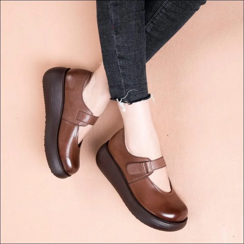 RUSHIMAN Flat Platform Woman Shoe Handmade Genuine Leather Flats literary vintage Soft Comfortable Shoes For Women Ladies Shoes
