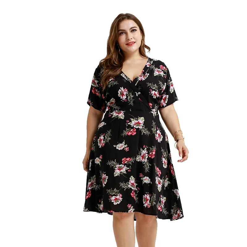 

2019 New Summer Dress Fashion Trendy Casual Temperament Thin Print Plus Large Size Fat V Neck Short Sleeve Women Dresses ZW145