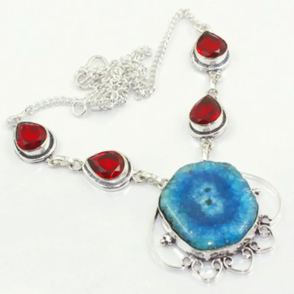 

Solar Quarts & Garnets Necklace Silver Overlay over Copper, 47 cm , N3501