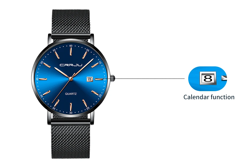 Reloj hombre CRRJU Лидирующий бренд Роскошные Синие водонепроницаемые часы тонкие Стильные повседневные кварцевые часы с датой мужские спортивные часы с сетчатым ремешком