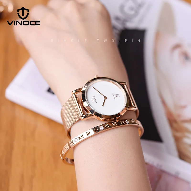 Женские кварцевые часы VINOCE розовое золото нержавеющая сталь браслет женские