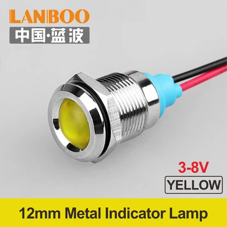 12mm-YELLOW-(3-8V) 12 мм сигнальный светодиодный металлический индикатор светильник с 150 мм проводом синий зеленый красный белый желтый Пилотная лампа 12 В 24 В 220 В - Цвет: 12mm-YELLOW-(3-8V)