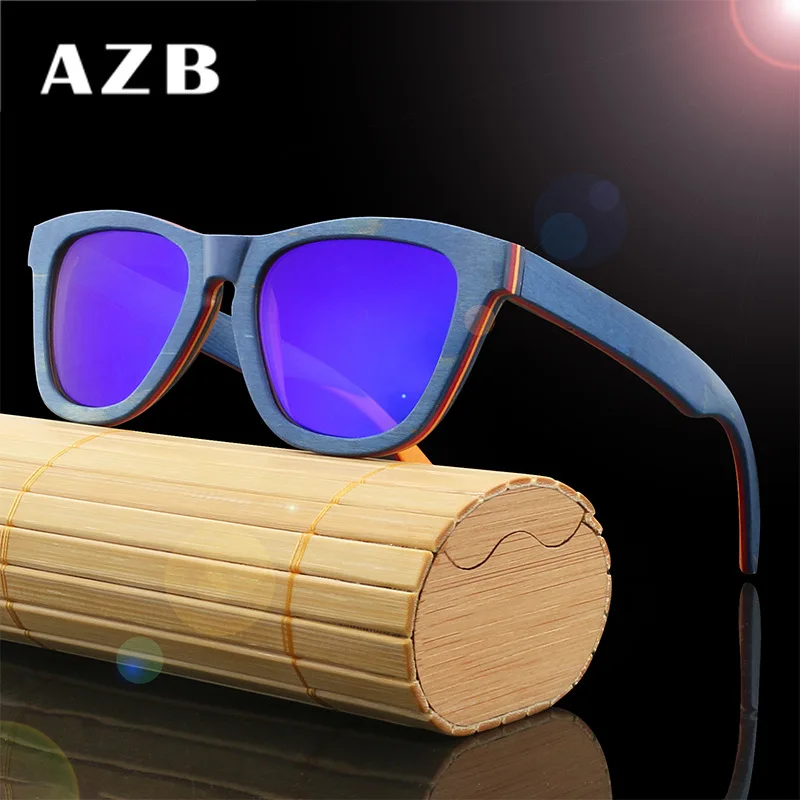 

AZB Wooden Sunglasses Blue Brown Frame Natural Wood Sunglass Men Women polarized sunglasses oculos de sol de madeira
