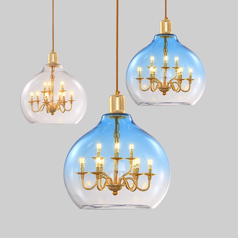 Post Modern Glass Sphere Chandelier Stained Ceiling Hanging Lamp Blue Lighting for Dining Room Cafe Store | Лампы и освещение