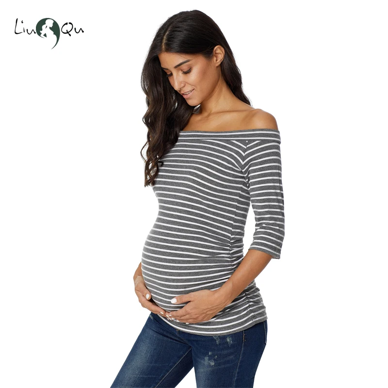 Womens Pregnancy Off Shoulder 3 Quarter Blouse Striped Top Maternity Clothes Slash Neck Pregnancy Womens Clothing ropa mujer