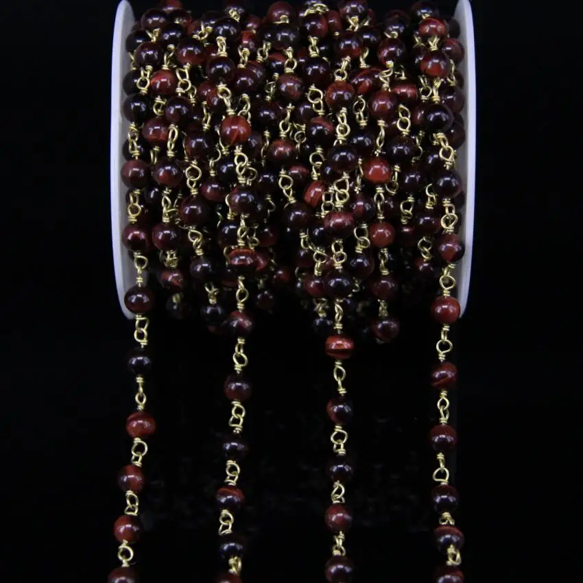 5 метров 6 мм Гладкая круглая цепочка из бисера с красным тигровым глазом|bead chain|brass
