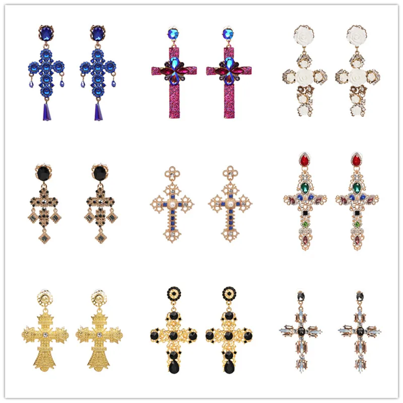 JURAN Baroque Vintage Big Cross Earrings For Women Large Long Earrings Jewelry Brincos Rhinestones Dangle Earrings Bijoux 2019