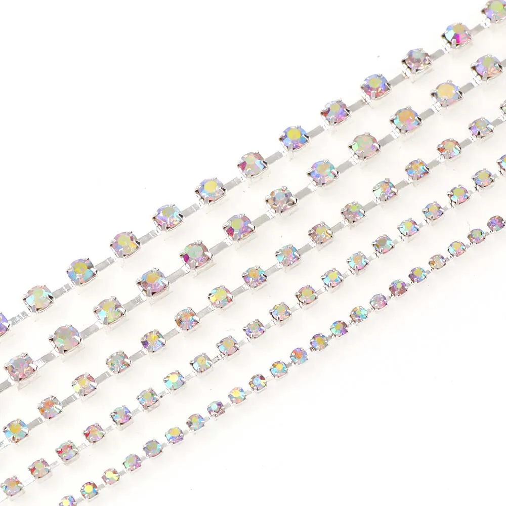 

SS6-SS16 9 Meters Clear Silver Base Plating Sparse Glass AB Rhinestone Chain For DIY Jewelry Craft Apparel Sew On Accessories