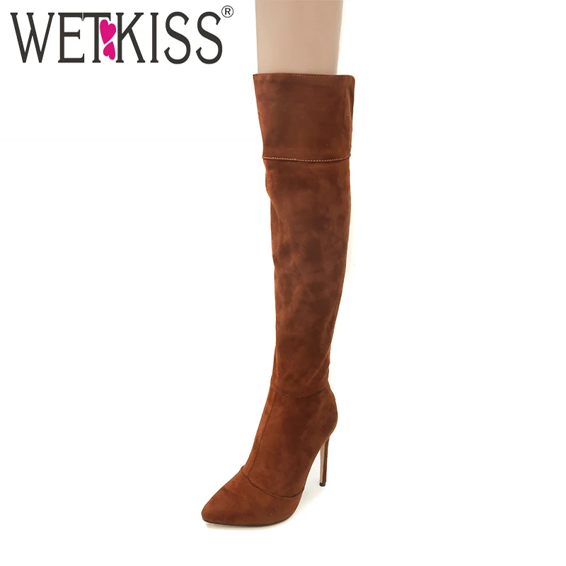 WETKISS Winter High Heels Women Boots Flock Pointed Toe Footwear Zip Female Over The Knee Boot Shoes 2018 Plus Size 32-46 | Обувь