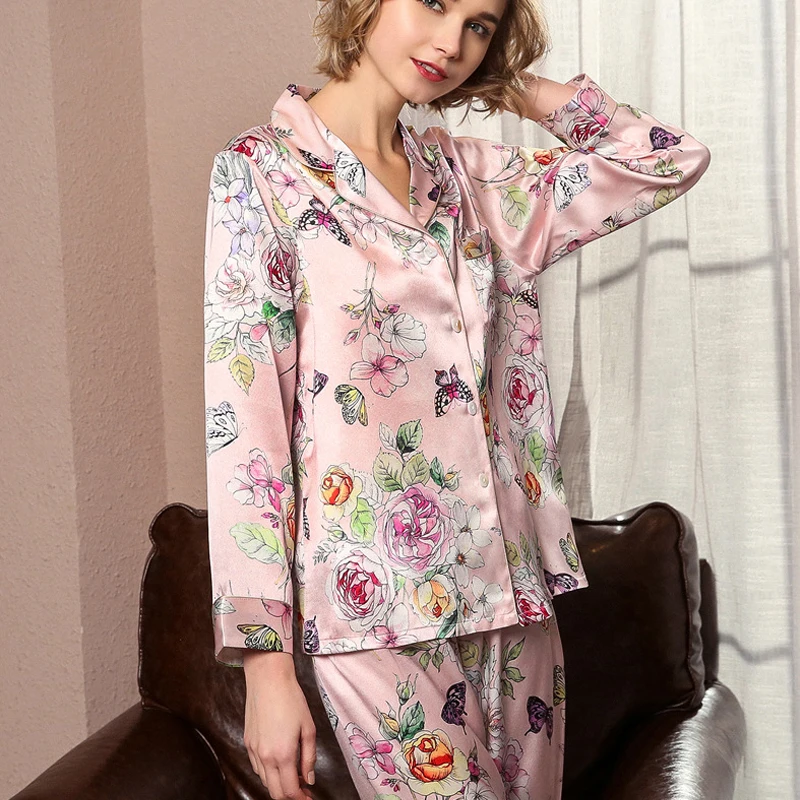 Женские пижамные костюмы из 100% натурального шелка топ с длинными рукавами и