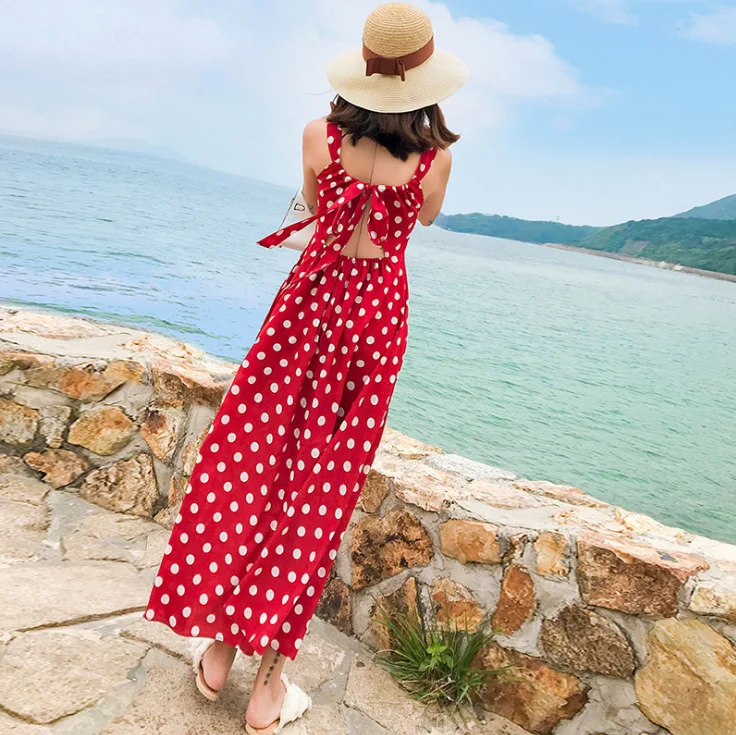 Spring and summer new style Beach seaside vacation strap dress Medium long wave chiffon | Женская одежда