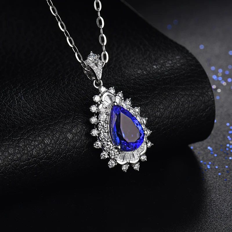 LOVERJEWELRY, женский элегантный кулон, твердый, 18 К, белое золото, голубой танзанит, Свадебный кулон, самоцвет в форме груши, настоящий бриллиант