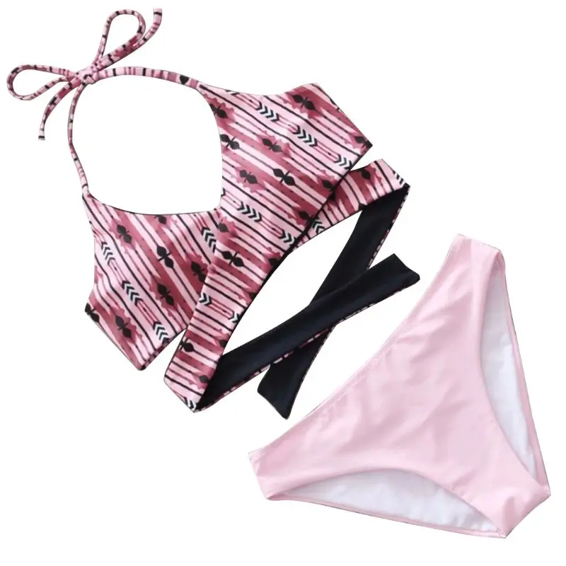 Pink Женский летний комплект из двух предметов с бретелькой через шею с глубоким v-образным вырезом, бюстгальтер с высокой талией, богемная Цветочная цифровая печать, стринги, купальник B - Цвет: Pink