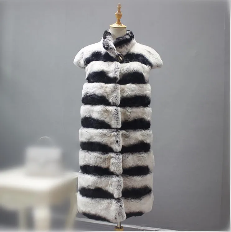 natural rex rabbit fur chinchilla color vest women autumn winter warm waistcoat 90cm length V106