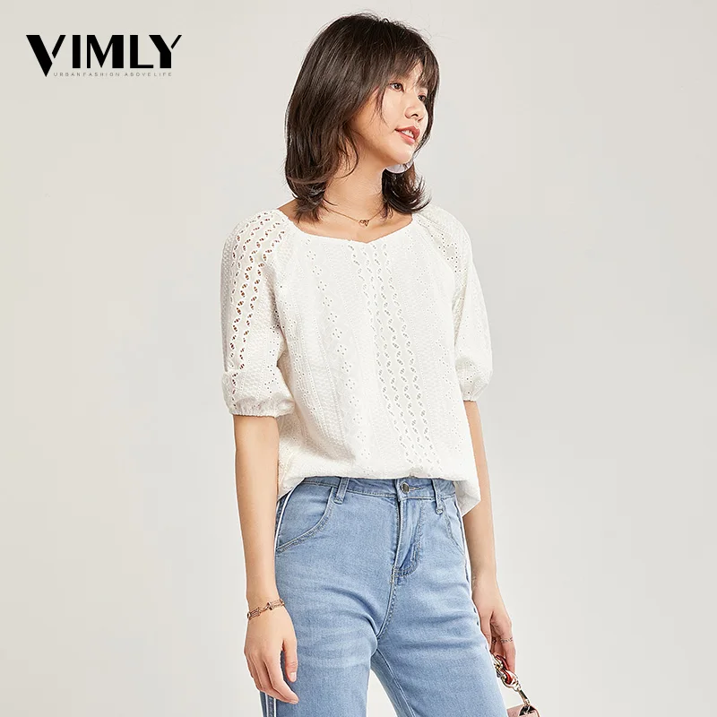 Vimly элегантная кружевная блузка, рубашка, сексуальная, открытая, вышивка, женская блузка, хлопок, пышные рукава, летние топы, женские
