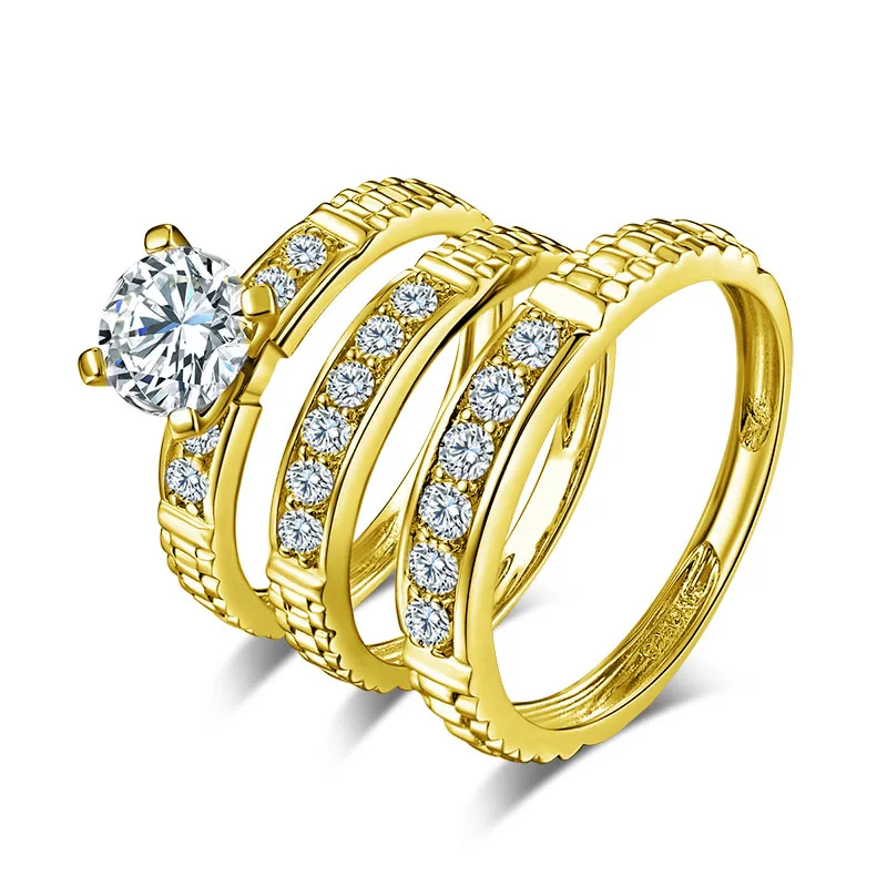 TRIO Rings AINUOSHI настоящее золото трио кольца 14 к желтое Золотое кольцо для пары набор каналов Дизайн Винтаж группа обручальные Обручальные кольца ювелирные изделия - Цвет камня: TRIO Rings