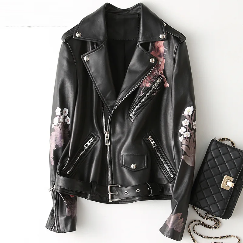 Женская куртка из натуральной кожи с принтом байкерские куртки и пальто