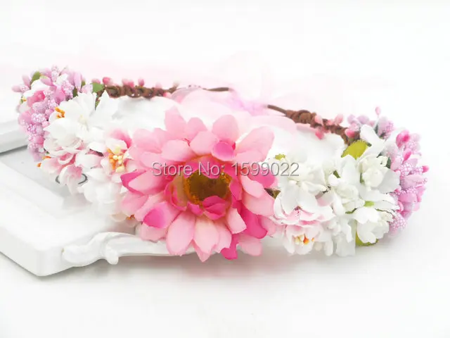 

Artificial Flower Crown with Ribbon Pink White Wedding Bride Women Chrysanthemum Head Bands for Flower Girl Marriage Decoration