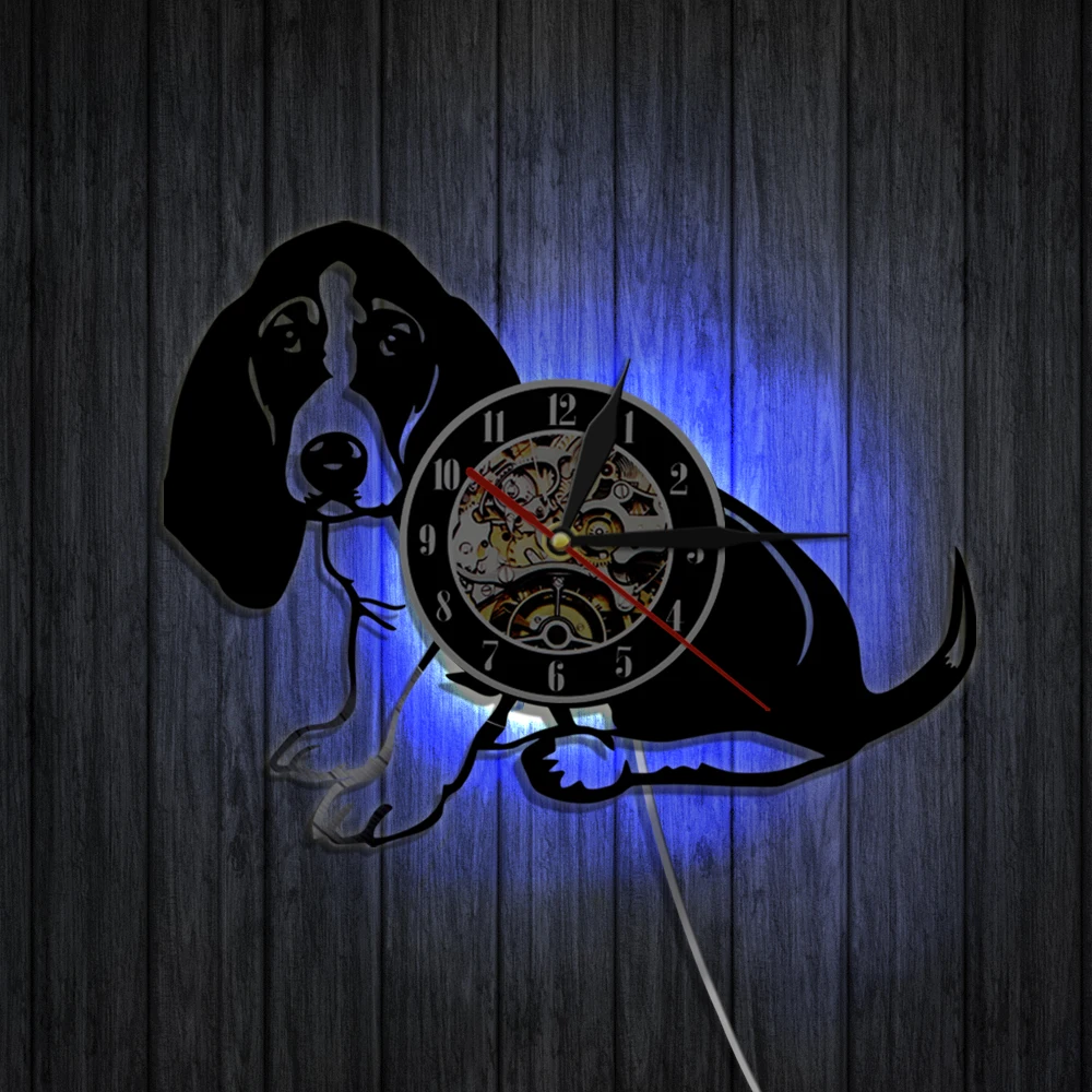 Basset Хаунд Собака силуэт искусство настенный Декор щенок собака ручной работы винил LP запись настенные часы уникальный подарок идея для любимого собаки