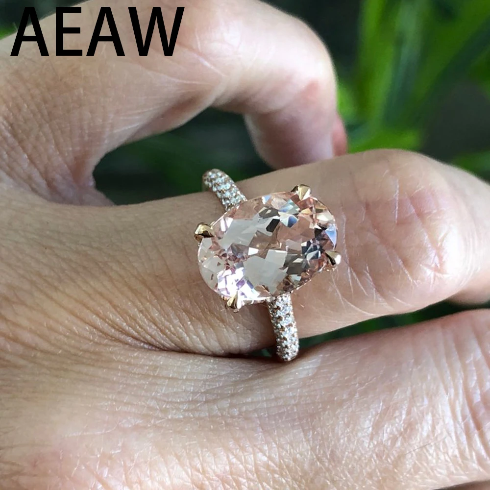 

AEAW Oval Pink Morganite Wedding Ring 3.85ct Morganite 0.83ct Moissanite Art Deco Pave Hidden Halo ring Solid 14K Rose Gold