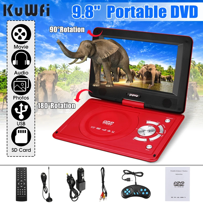 Портативный DVD плеер KuWFi с поворотом на 270 градусов перезаряжаемый цифровой