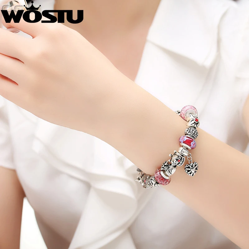 WOSTU Queen Jewelry Silver Charms Bracelet &amp Bangles With Crown Beads for Women SDP1823 | Украшения и аксессуары