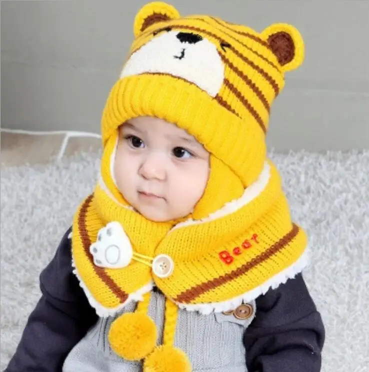 Winter Kids baby boy girls warm cartoon bear Knitted hats with hair ball earbud+neck scarf 2 pcs set for 0-2 years toddler | Детская