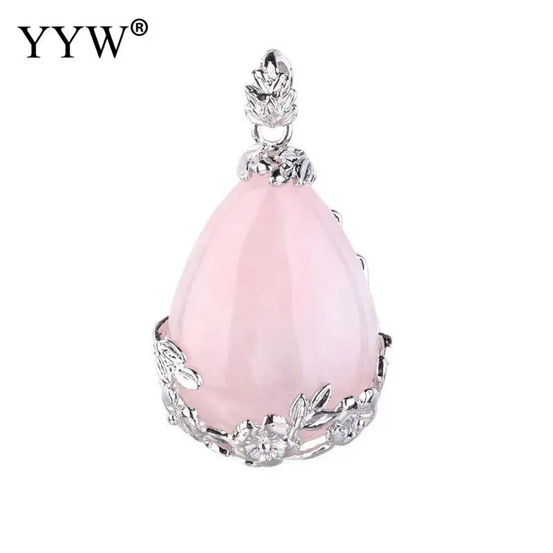 rose quartz Натуральный аметисты Бирюзовый прозрачный кварц Лазурит море Опал тигровый глаз камень кулон КАПЛЕВИДНАЯ Цветок Подвесные Ожерелья - Окраска металла: rose quartz