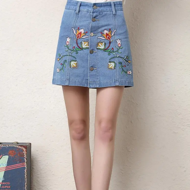 Плюс размер 3XL джинсовые юбки женские 2017 старинные цветок вышитые джинсы юбка