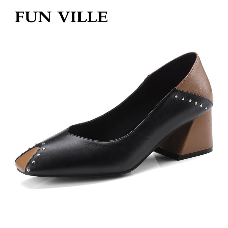 

FUN VILLE 2018 Spring New Fashion Genuine Leather pumps women's shoes Hoof heels Square toe Slip on Sexy Ladies shoes size 34-42