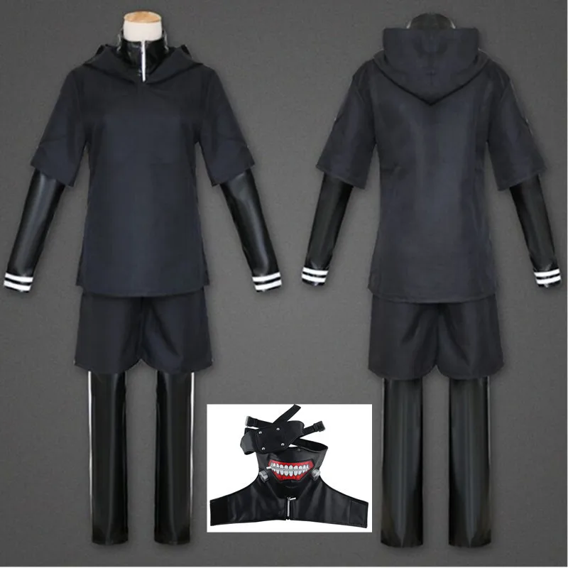 5 pieces Японское аниме «Токийский Гуль»; маскарадные костюмы Kaneki Ken; маскарадные костюмы с капюшоном; куртки; Черная боевая униформа; Полный комплект с маской - Цвет: 5 pieces