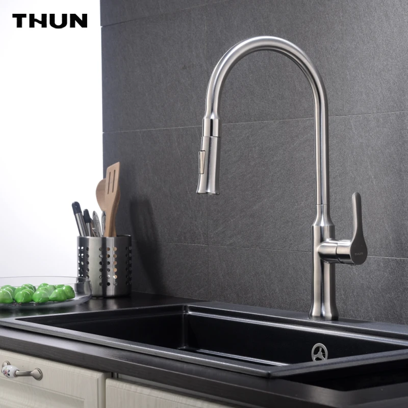 THUN Pull Down Stainless Steel Kitchen Faucet Black White Finish Dual Sprayer Nozzle Hot Cold Water Sink Mixer Torneira Cozinha |