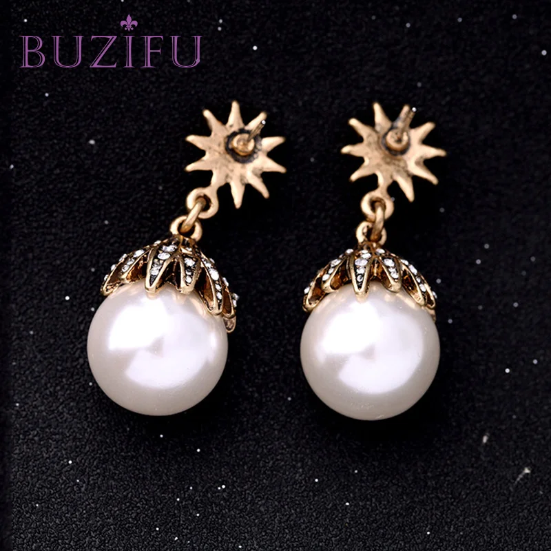BUZIFU Simulated Round Pearl Earrings Gold Color Snow Shaped Shinning Crystal Cute Fashion Wedding Jewelry UE201 | Украшения и