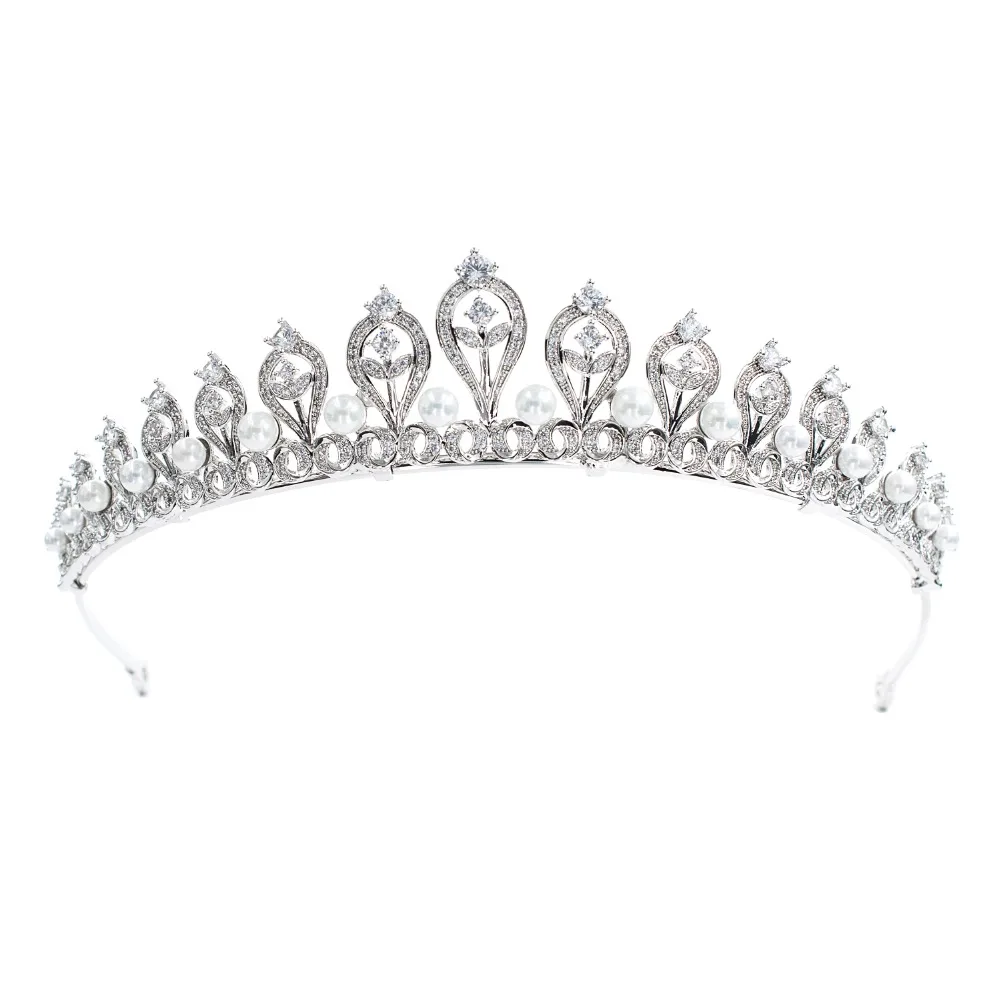 

Classic CZ Cubic Zirconia Pearl Wedding Bridal Tiara Diadem Crown Women Party Hair Jewelry Accessories CH10109