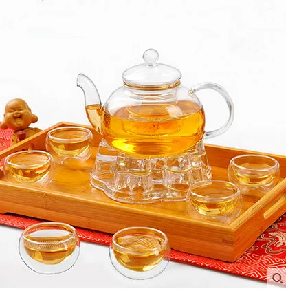 

600ML heat-resistant glass tea set/kettle, tea set including 6 double-wall cups + warmer + 5 candles, glass tea pot