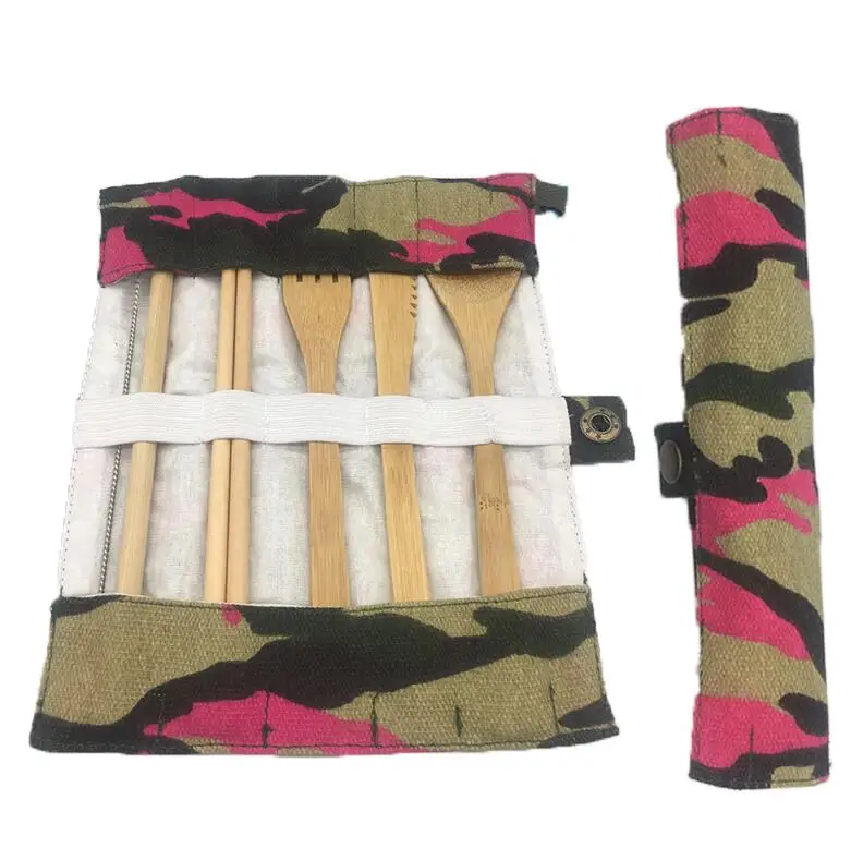 1set pink green Бамбуковая посуда для путешествий набор органических многоразовых столовых приборов набор посуды бамбуковые столовые приборы вилка ложка набор ножей экологичный - Цвет: 1set pink green
