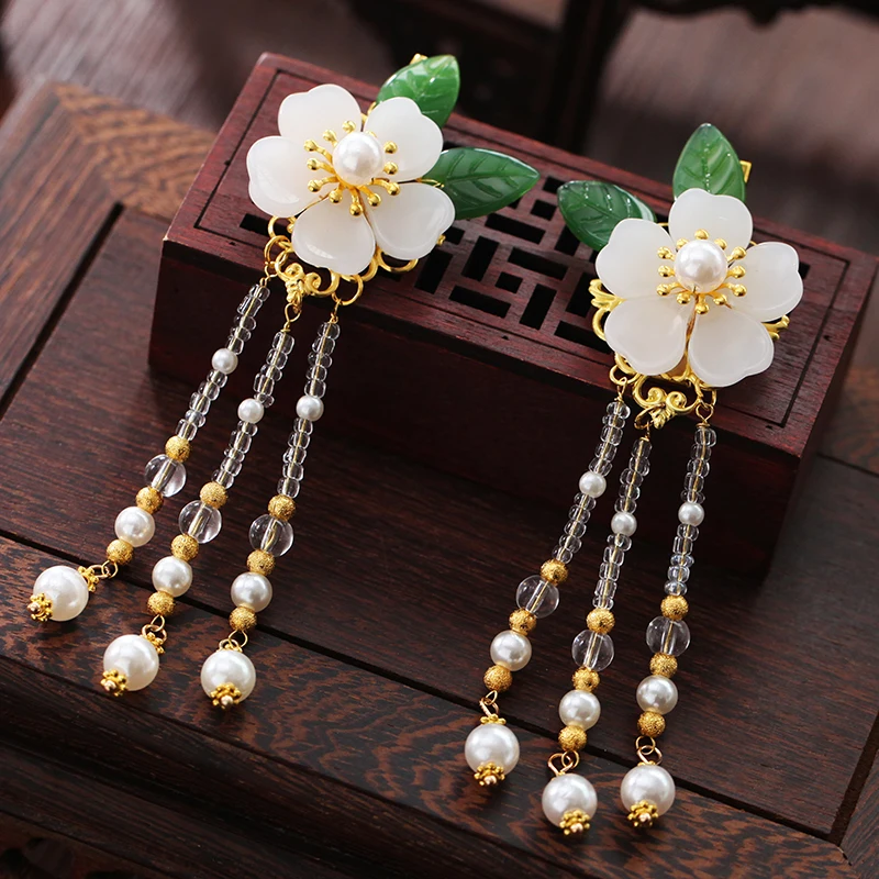 a pair Ручной работы Hanfu тиара заколки для волос древние ветры и другие пляжные цветы украшения для волос шаг кисточки корт шпилька дикая - Цвет: a pair