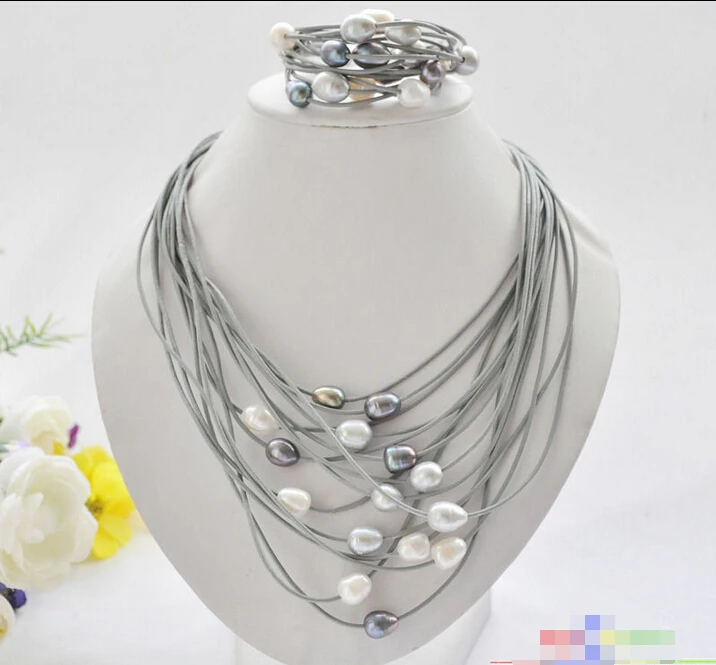 

Hot sell Noble- P5225 15row 13mm black white gray rice pearl gray leather necklace & bracelet ^^^@^Noble style Natural Fine jewe