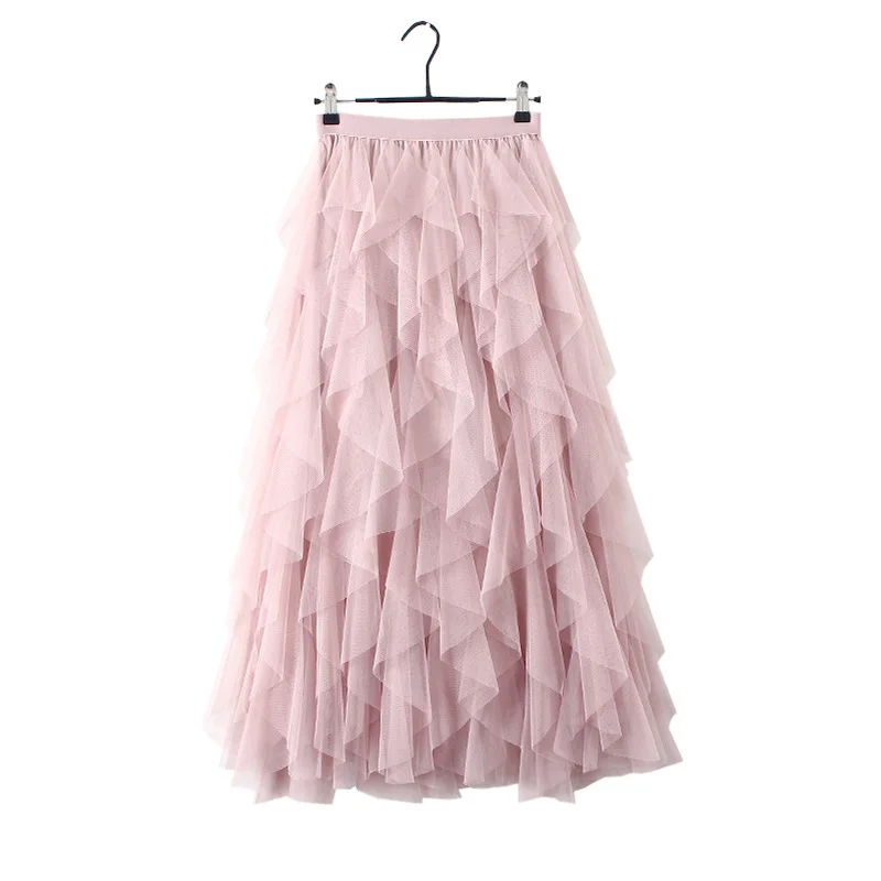 

Autumn Winter Elastic High Waist Tulle Skirt For Women 2020 Fashion Mesh Irregular Black Long Skirt