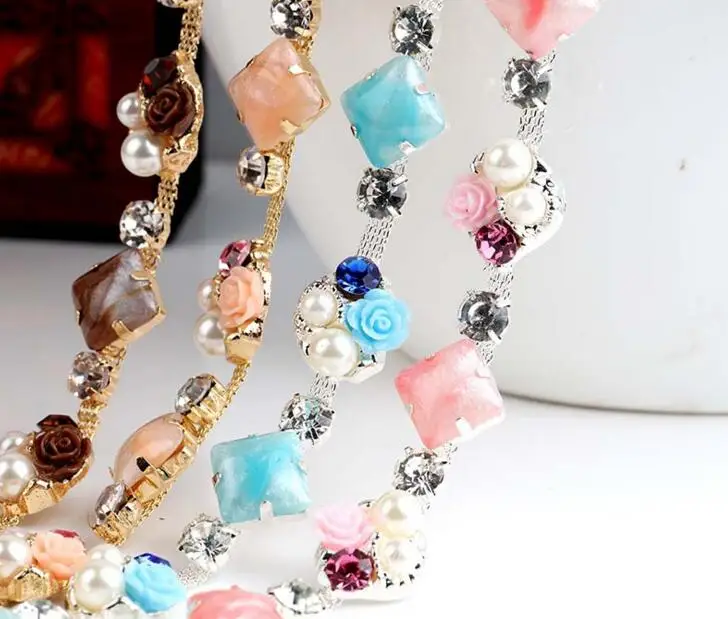 1 ярд розовые жемчужные бусины в форме цветка стразы кисточки Посеребренная